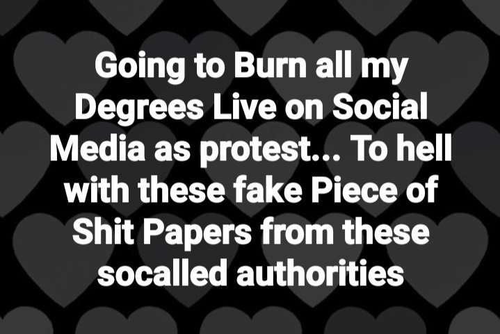 SajiGul's tweet photo. Going to Burn all my Degrees Live on Social Media as protest... To hell with these fake Piece of Shit Papers from these socalled authorities

#HEC #MinistryofEducation #AllamaIqbalOpenUniversity #Shame https://t.co/jBdesrkrIb