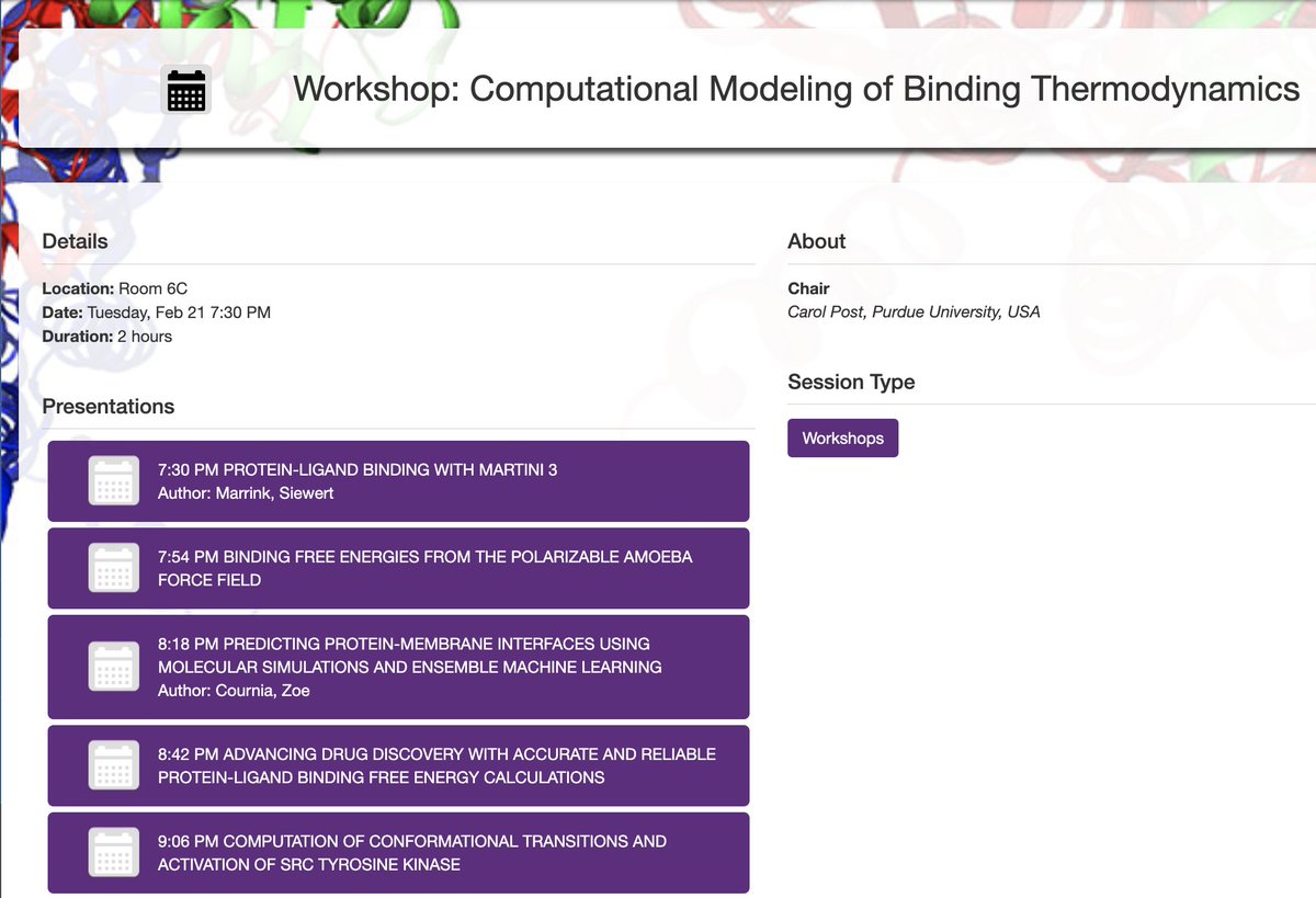 zoecournia's tweet image. If you are attending #BPS2023 @BiophysicalSoc, join us today Feb 21 at 7.30pm for a fantastic workshop on &quot;Computational Modeling of Binding Thermodynamics&quot;! 
I will speak about ligand-protein, protein-protein and protein-membrane binding.  
plan.core-apps.com/bpsam2023/even…