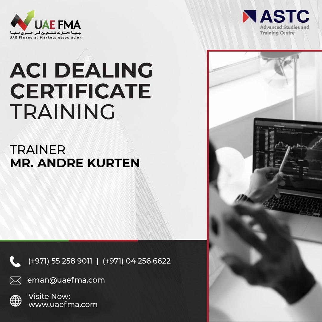 UAEFMA's tweet image. Unlock the World of Finance with ACI Dealing Certificate Training! Gain a comprehensive knowledge of interest rate calculations, cash money markets, foreign exchange, and much more. Take the first step towards a successful career in finance today! 🔥

#uaefma #astc #acidealing