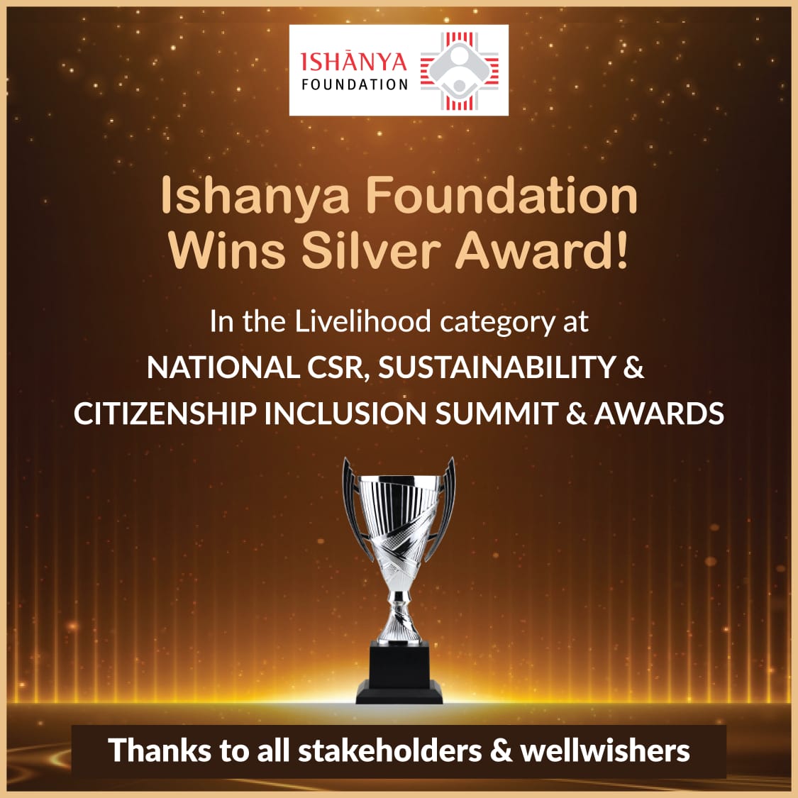 IshanyaF's tweet photo. We are honoured to announce that we have won the Silver Award in the Livelihood category at the National CSR, Sustainability &amp; Citizenship Summit &amp; Awards.
We are beyond grateful to be recognised for our commitment to making a difference.
#IshanyaFoundation #Charity #NGO #Awards https://t.co/qctR4Zjmim