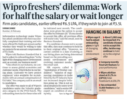 After delay in joining. Wipro now wants new hires to Join at 3.5 LPA vs 6.5 LPA (initial offer)

The same #Wipro 
> talk about #ambitionsrealized in there bio.. 
> cries about ethics when employees do #moonlighting

No 'soros' for Wipro and Azim Premji
