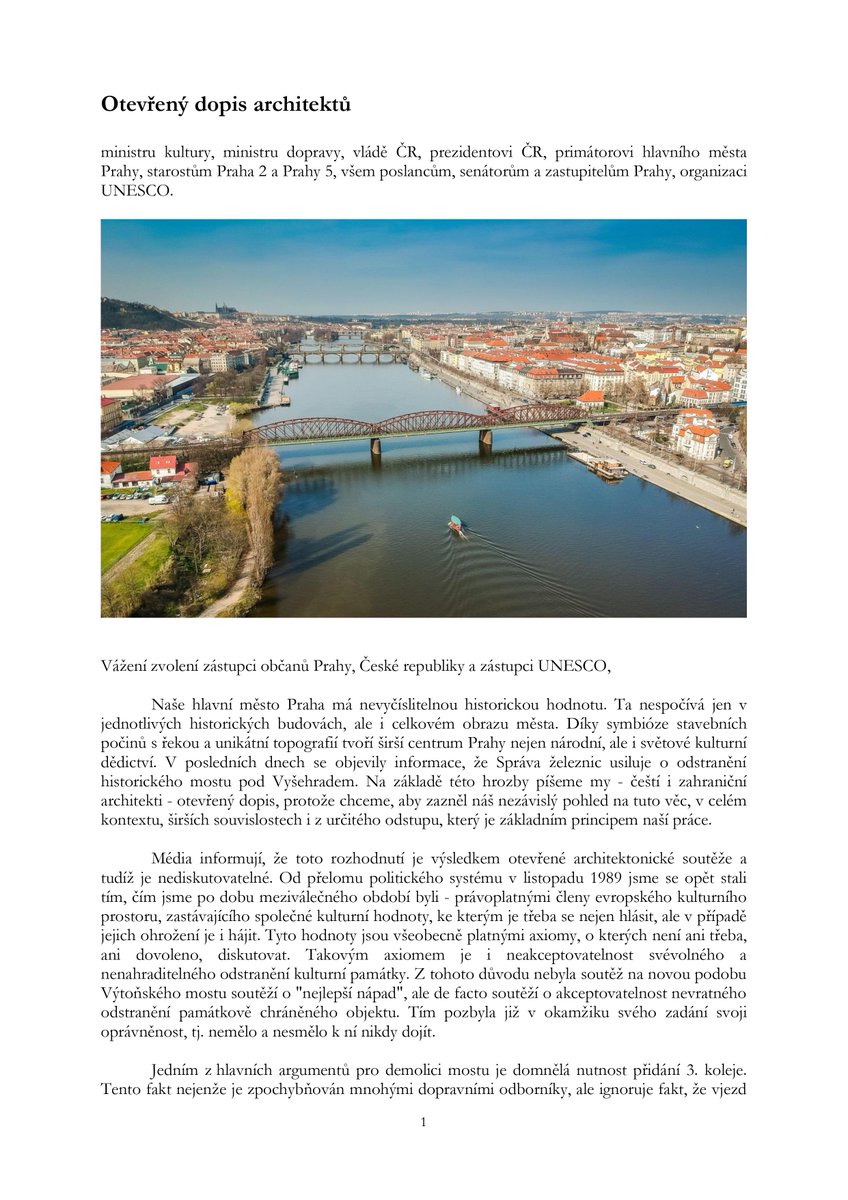 nebourat_cz's tweet photo. Otevřený dopis za zachování kulturní památky Vyšehradský most pro @makupka @MartinBaxa2 @vladacr @snemovna @SenatCZ @general_pavel @UNESCO @PrahaEU @mcpraha5 @MC_Praha2 podepsalo 80 českých i zahraničních architektů, včetně kapacit z @CVUTPraha https://t.co/mLalC15x4y