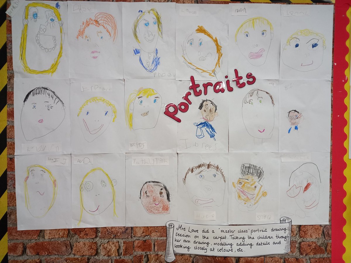 NurseryAPS's tweet photo. How fantastic are the children's portraits in Nurser
Mrs Lowe did a 'master class' portrait drawing session on the carpet, talking the children through her own self-portrait; modelling, adding details and looking closely at colours,etc.
The children were inspired! https://t.co/rH8H2vGELB