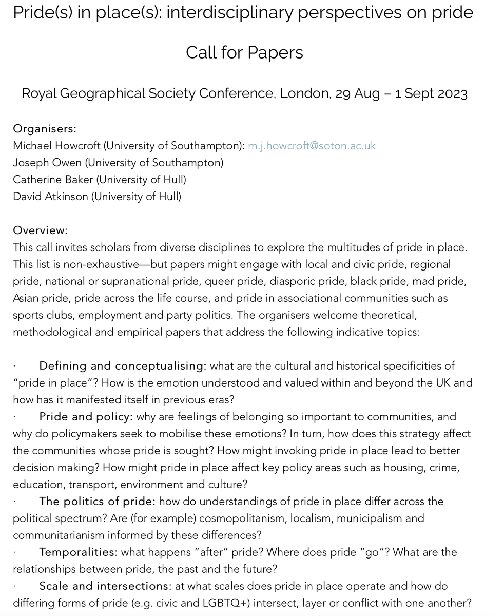 AndTowns's tweet photo. 📢 CFP for @RGS_IBGhe 2023 conference! Deadline for abstracts is 3rd March to join the Feeling Towns panel on 'Pride(s) in place(s): interdisciplinary perspectives on pride'

With @mjhowcroft @joseph_owen_ @richmondbridge @DavideAtkinson 

Info here: https://t.co/ohhKov988r https://t.co/yRcJy6iGzg
