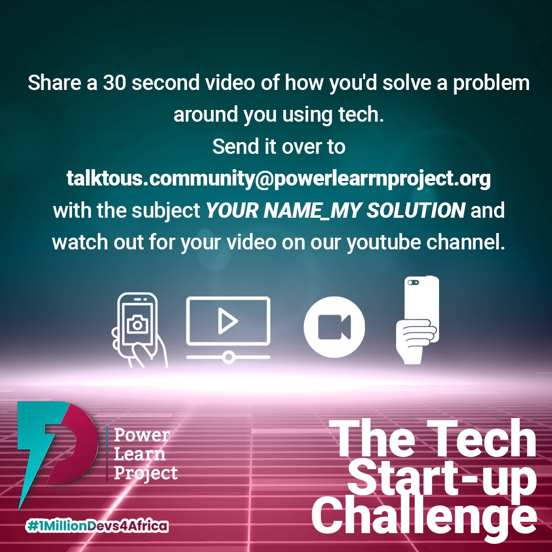 plpcommunity's tweet photo. 🎥Submit your video to talktous.community@powerlearnproject.org with the subject 'YOUR NAME_MY SOLUTION' by Thur 11:59 AM.
Top 3 videos with the most likes and impact stand a chance to spend their weekend with Nairobi's startup ecosystem 💸
#1MillionDevs4Africa #IdeaChallenge https://t.co/ggDnbkbxAw