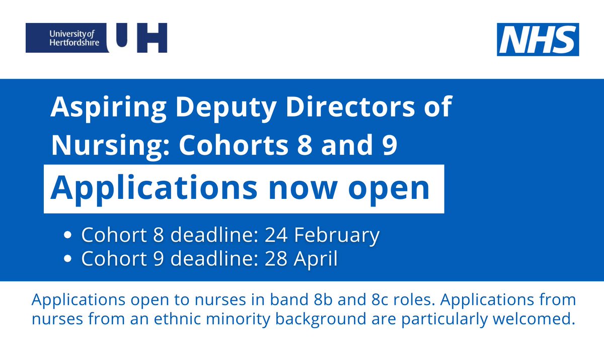 This programme supports aspiring deputy directors of nursing to explore their potential and enhance their understanding of their impact as leaders. Nurses in band 8b and 8c roles can apply for cohorts 8 and 9 now. Find out more. ⬇️ #teamCNO applycpd.com/HERTS/courses/…