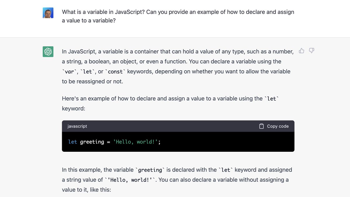 ChatGPT is mind blowing.

Coders should leverage AI as much as possible.

And here is it. Learn Javascript with ChatGPT❗

I made this free list for you:

– 40 ChatGPT prompts you can use to learn JavaScript

To get it:

• Like
• Reply "👋"
• Follow me (so that I can DM)