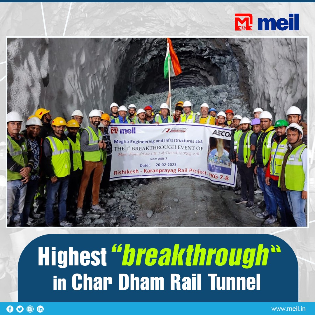 As on Monday, we achieved the highest #breakthrough of 3.2km each in main & escape #tunnels in Narkota-Sumerpur segment in the Char Dham Rail Tunnel project in #Uttarakhand. Congratulations to our team there!
 #teamwork #NATMtechnology  #teamworkmakesthedreamwork #MEILIsTheBest