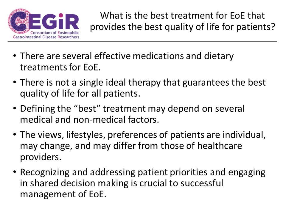 We thank the Consortium of Eosinophilic Gastrointestinal Disease Researchers (CEGIR) for their dedication to investigate and answer our patient questions.

What is the best treatment for EoE that provides the best quality of life for patients?

#EOSAWARE #CEGIR