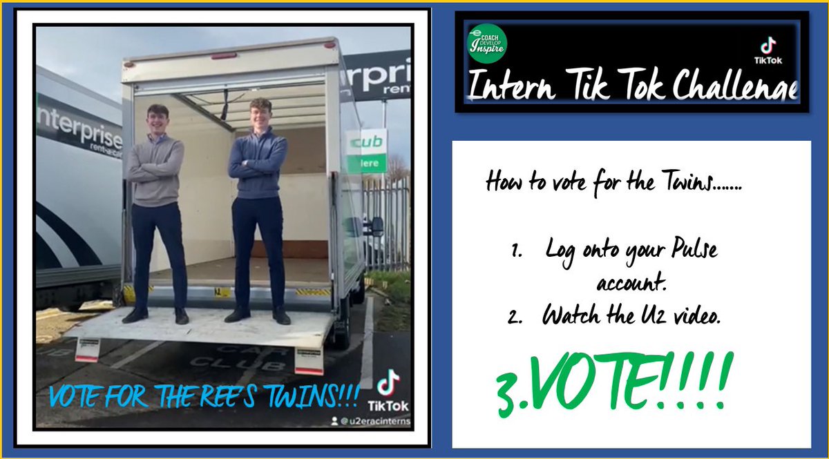 Danny Rees (@dannyreeserac) on Twitter photo CALLING ALL ENTERPRISE EMPLOYEES!!!
Me and Duncan Rees have made it to the final competition for Enterprise Intern TikTok challenge against the rest of the UK representing Group U2!
Please log onto Pulse and vote !!! @SWDevelopmentU2 <a href="/Bswallow27/">Brian swallow</a> <a href="/SteveWrenU2/">Steve Wren</a> <a href="/MGeracu2talent/">U2Development</a> CALLING ALL ENTERPRISE EMPLOYEES!!!
Me and Duncan Rees have made it to the final competition for Enterprise Intern TikTok challenge against the rest of the UK representing Group U2!
Please log onto Pulse and vote !!! @SWDevelopmentU2 <a href="/Bswallow27/">Brian swallow</a> <a href="/SteveWrenU2/">Steve Wren</a> <a href="/MGeracu2talent/">U2Development</a>