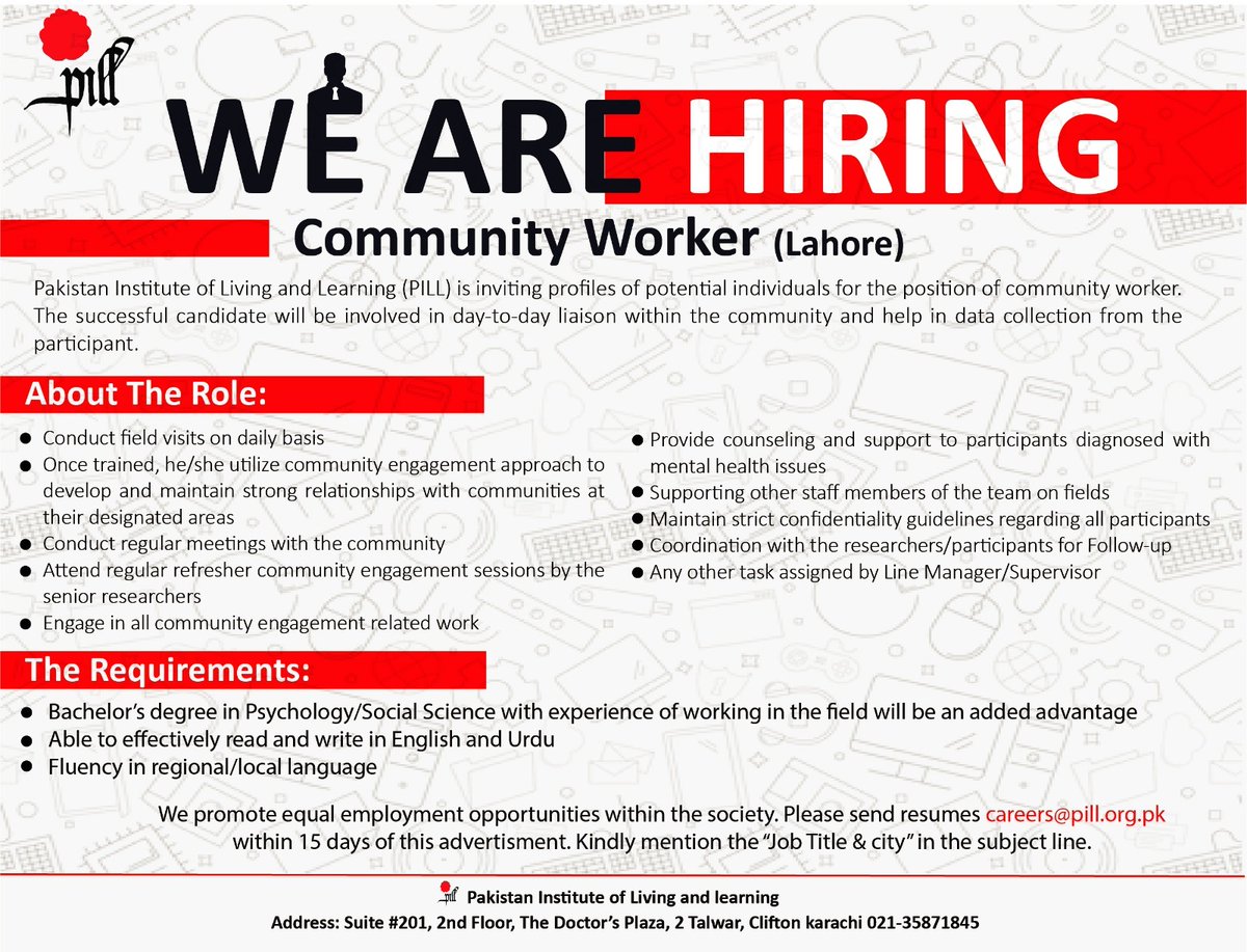 PakistanPill's tweet photo. We Are Hiring
Community Worker (Lahore)

Please send resumes to careers@pill.org.pk. Kindly mention the "Job Title &amp; city" in the subject line.

#CommunityWorker #hiring #jobs #jobsearch #recruitment #job #nowhiring #recruiting #career #employment #careers #hiringnow #wearehiring https://t.co/drLZ2Gbxuz