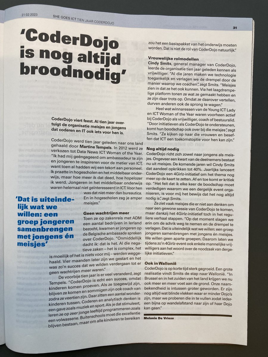CoderDojoBe's tweet image. "CoderDojo is still needed" 😎
A nice article in Datanews on the occasion of our 10 year anniversary! 🥳
👉 You can read the full article on their website: bit.ly/3lRu2tv
#10YCDJBE #datanews #coderdojobelgium #girslinict #itforkids