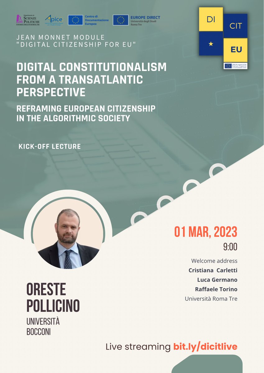 SAVE THE DATE! Kickoff lecture di <a href="/OrestePollicino/">oreste pollicino</a> per il terzo anno di #DICIT4EU 🇪🇺 bit.ly/dicitlive