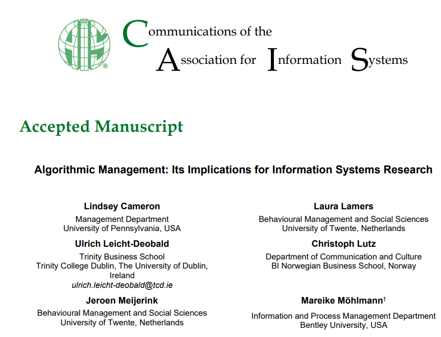 🚨 Our newest #article Algorithmic Management: Its Implications for IS Research came out: aisel.aisnet.org/cais/vol52/iss… We offer an interdisciplinary take, developing a research agenda based on a #aom2021 PDW 🙏to the editors and the great co-author team @lauralamers4 U. Leicht-Deobald