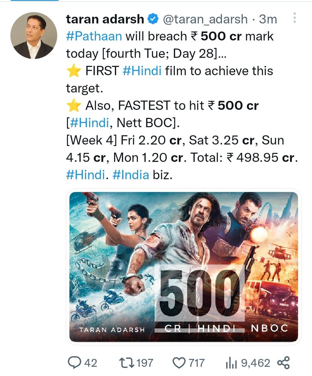 arunpudur's tweet photo. #Pathaan 

30 Jan : 500 Cr 🤡

21 Feb : 500 Cr 🤡🤡

Will be speaking with my contacts on this and unravel this. https://t.co/wXD6td4E6E