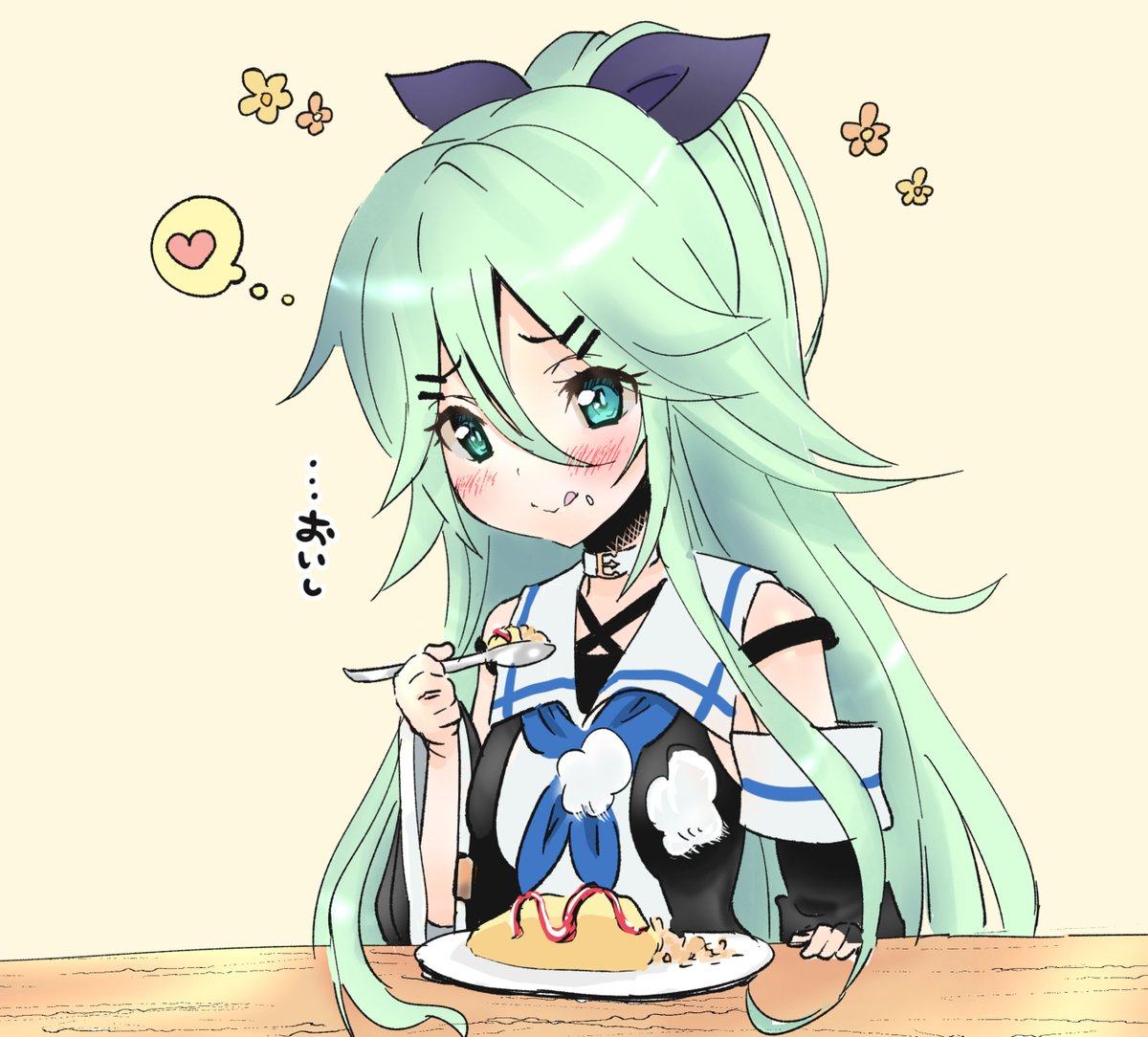 yamakaze (kancolle) 1girl long hair solo omurice food omelet hairclip  illustration images