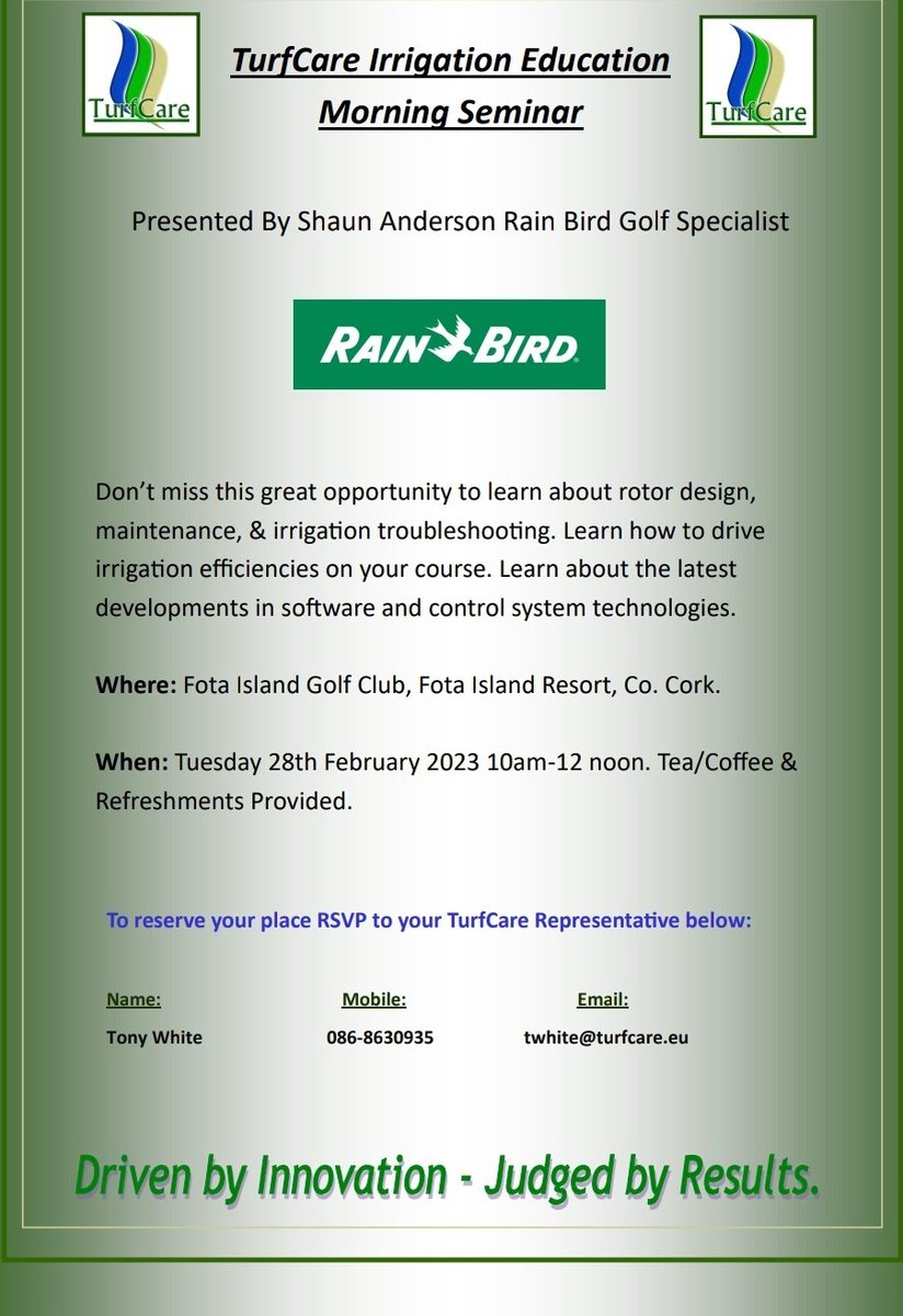 Tony White (@turfcaretony685) on Twitter photo Another relevant topic for sports turf managers being presented by <a href="/shaundanderson/">shaun anderson</a> of <a href="/rainbirdgolfuk/">Rain Bird Golf - UK & Ireland</a> Educational events such as this always key in the <a href="/TurfCare_IRL_UK/">TurfCare</a> #TurfCare3PA please contact me directly to reserve a place for this free event. Limited spaces available. Another relevant topic for sports turf managers being presented by <a href="/shaundanderson/">shaun anderson</a> of <a href="/rainbirdgolfuk/">Rain Bird Golf - UK & Ireland</a> Educational events such as this always key in the <a href="/TurfCare_IRL_UK/">TurfCare</a> #TurfCare3PA please contact me directly to reserve a place for this free event. Limited spaces available.