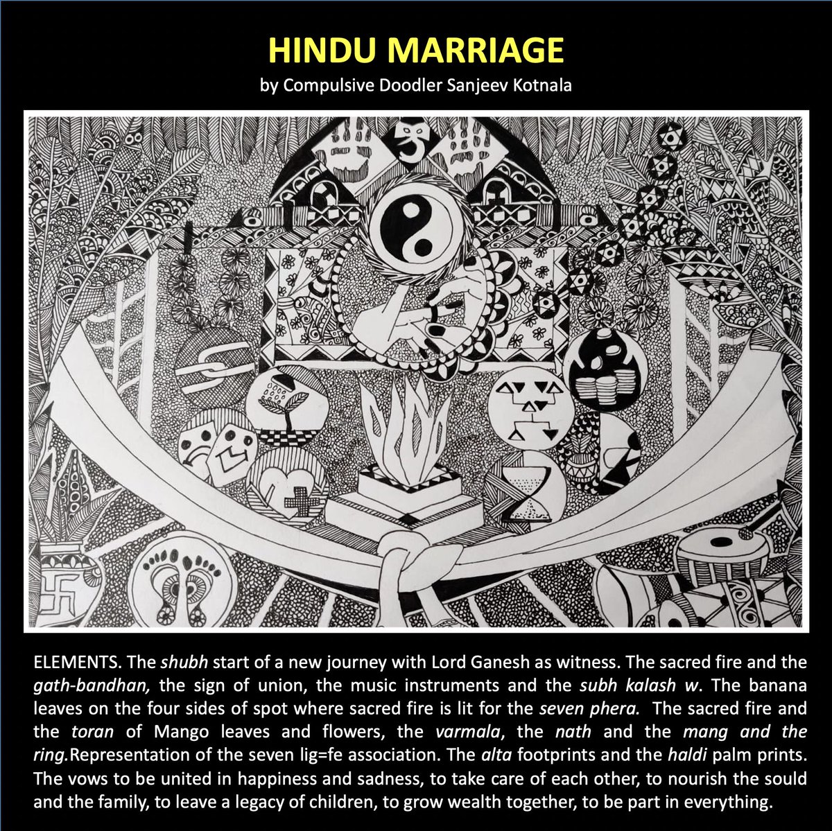 S_kotnala's tweet photo. #HinduMarriage - thematic doodle by Compulsive doodler. Idea was to present canvas print to newlywed. And 2ask them 2hang it in the bedroom so they r reminded of the promises made.  @Dwari1008 @Bienu_pr @MsPratibha @Lk_Gupta @bhatnaturally @agracadabra @bhuli_art https://t.co/SW0CYB5U3F