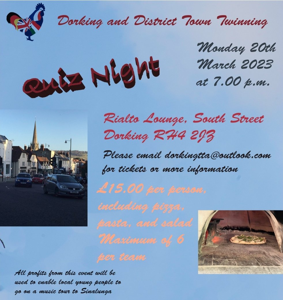MullinsShop's tweet photo. #quiznight
20th March 2023
At 7pm
@rialtolounge_dorking
Please email.
dorkingtta@outlook.com
For tickets.
#ddtt @PrioryHead
@HelloDorking @DorkingPriory
@DorkingCrier https://t.co/v3Hl0sThOh