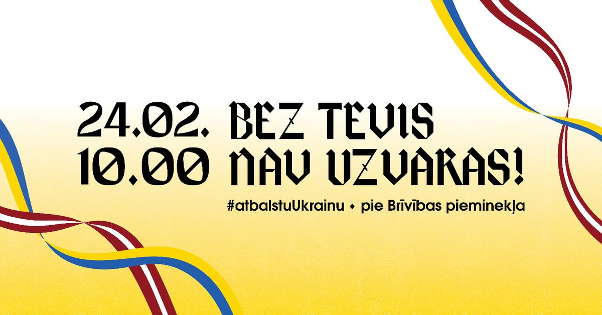 Aicinām solidarizēties ar Ukrainas tautu un 24. februāra rītā plkst. 10.00 pulcēties mītiņā pie Brīvības pieminekļa, paužot savu atbalstu Ukrainai un nosodot Krievijas uzsākto noziedzīgo un agresīvo karu, kas turpinās jau desmito gadu. Vairāk info: fb.me/e/6g2LCG5gD