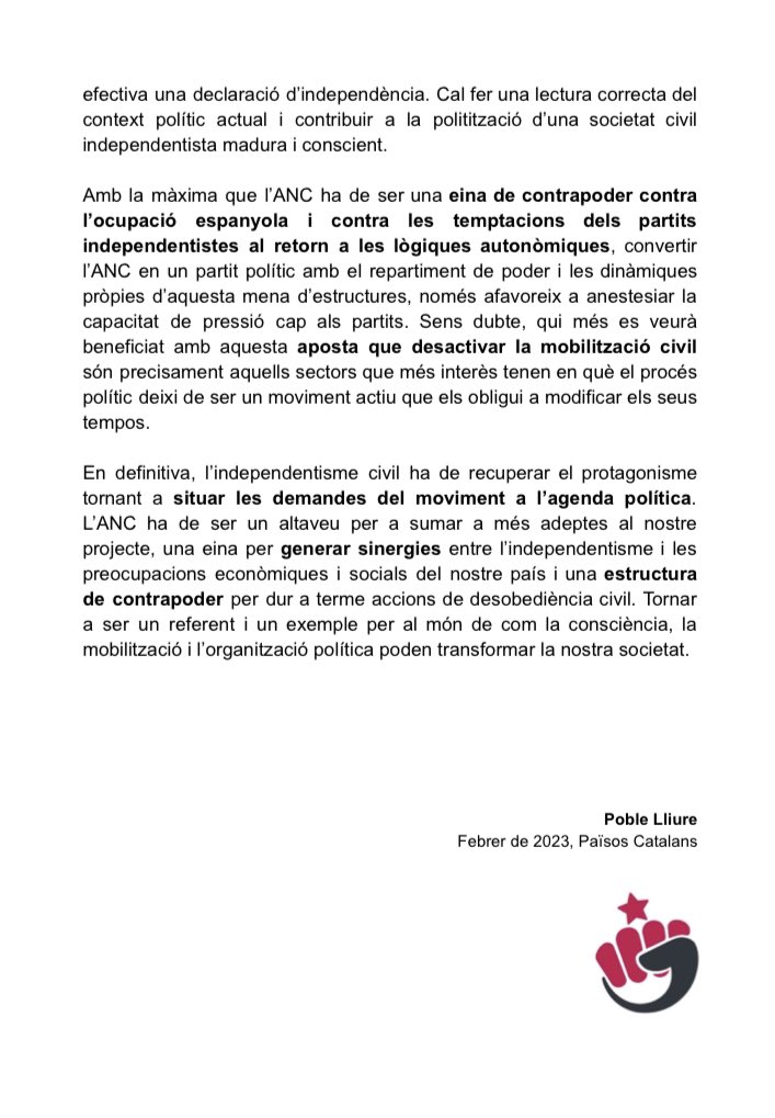 ”Per tornar-hi: ens cal l’ANC”

📃 | Comunicat de Poble Lliure en relació amb les darreres notícies relacionades amb l’<a href="/assemblea/">Assemblea Nacional Catalana</a>: