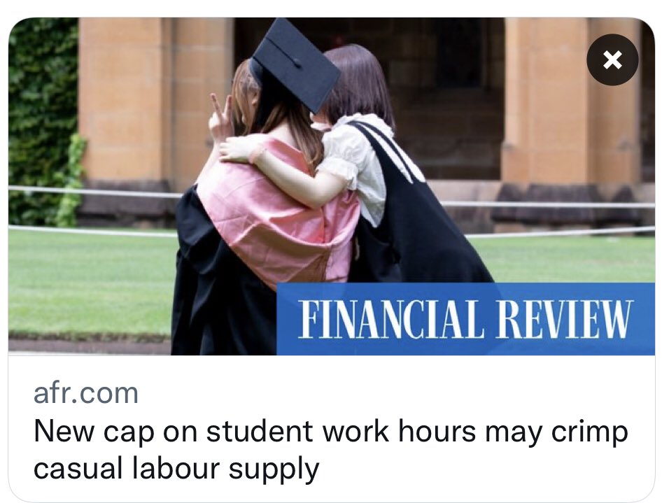 "The decision to limit working hours for student visa holders to 24 hours a week from July will act as a deterrent to education agents who have been promoting Australia as an open door to jobs."

afr.com/politics/feder…