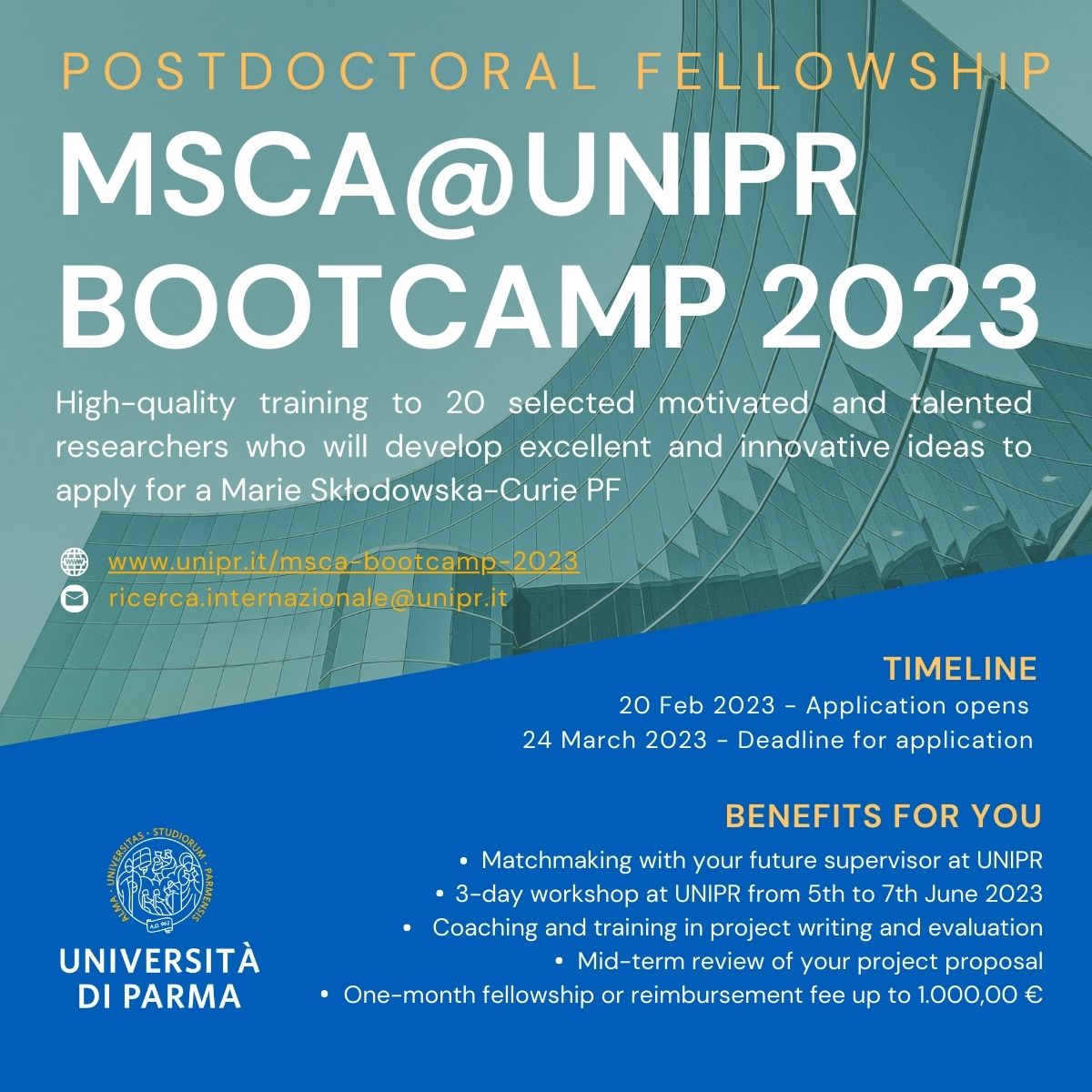 UniversitĂ di Parma (@unipr) on Twitter photo #MSCA Bootcamp@UNIPR 2023: #Call published
Twenty selected #postdoctoral #researchers from all over the world. #Applications are open until March 24th <a href="/MSCANetwork/">MSCA-NET</a> <a href="/euraxess_japan/">EURAXESS Japan</a> <a href="/_UKRO_/">UK Research Office</a>
More info
unipr.it/msca-bootcampu… #MSCA Bootcamp@UNIPR 2023: #Call published
Twenty selected #postdoctoral #researchers from all over the world. #Applications are open until March 24th <a href="/MSCANetwork/">MSCA-NET</a> <a href="/euraxess_japan/">EURAXESS Japan</a> <a href="/_UKRO_/">UK Research Office</a>
More info
unipr.it/msca-bootcampu…