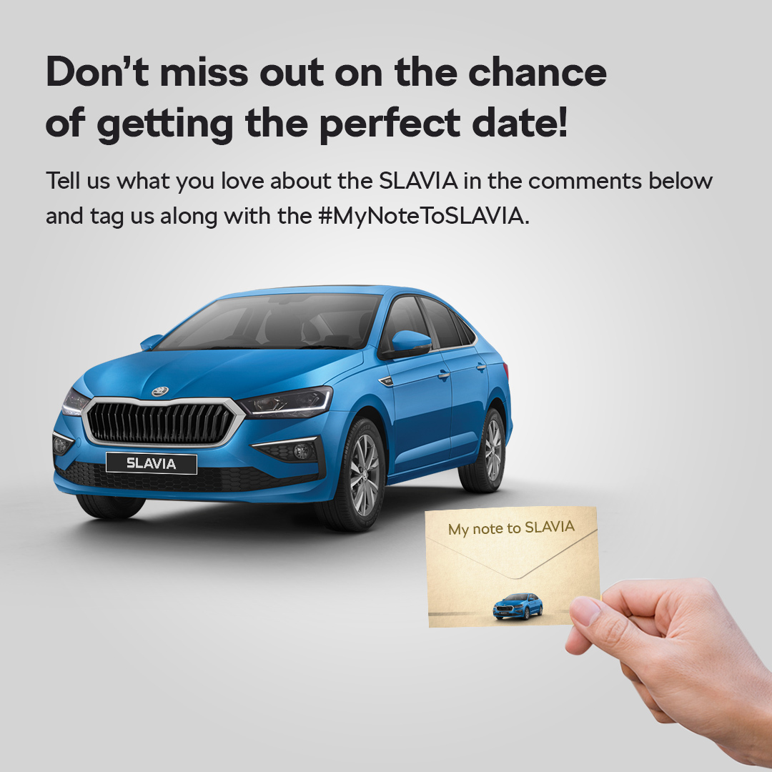 SkodaIndia's tweet photo. #ContestAlert
Get as creative as you can!
- Comment what you love about the SLAVIA using #MyNoteToSLAVIA.
- Follow our page & tag us in your comments
And you could have a chauffeur driven SLAVIA take you to the perfect date with your loved one.
T&C: https://t.co/sJspAmkxWU https://t.co/UXf9kV6D37