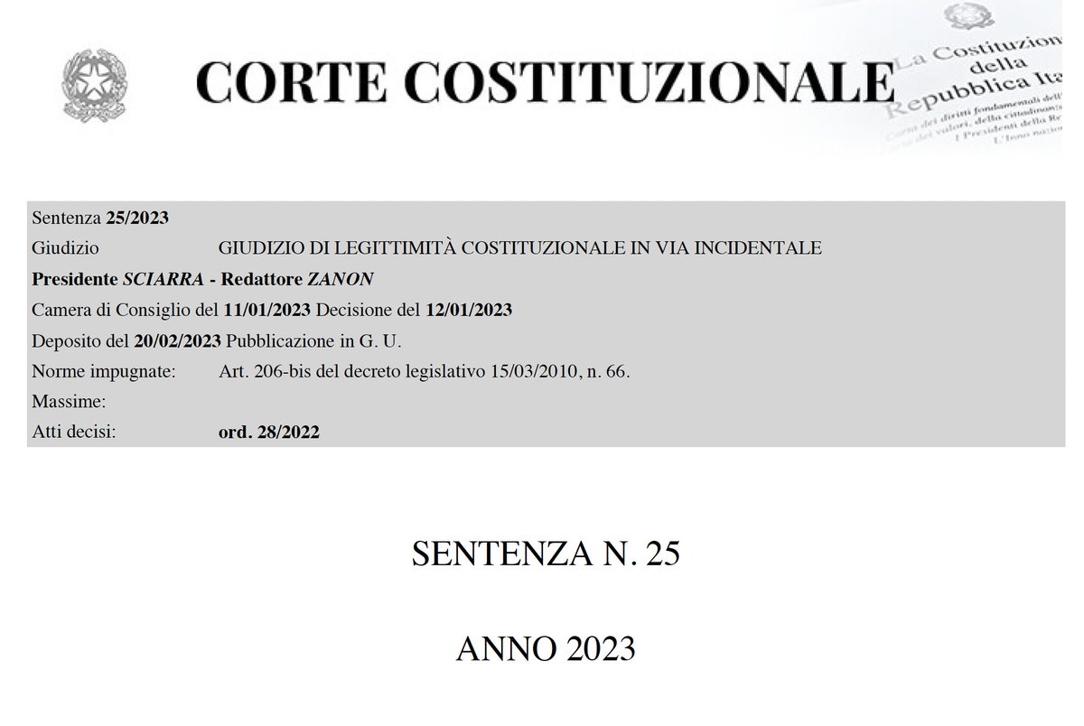 CMilitare's tweet photo. Dichiarata incostituzionalità obbligo vaccinale militari ex art 206 bis COM, è stata depositata la sentenza della Corte Costituzionale n.25 del 2023.
Disponibile sul sito della #CameraPenaleMilitare il testo completo in formato PDF da questo link https://t.co/m8cQZaG0GG https://t.co/23M3ZrIBJg