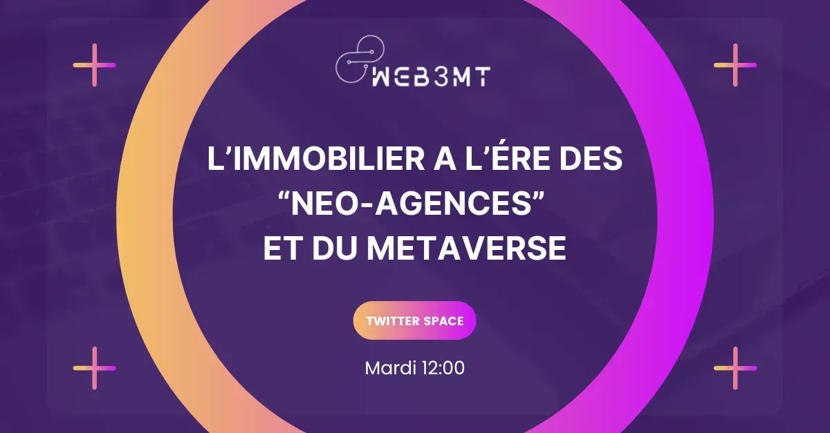 Web3markteam's tweet photo. Ne manquez pas le Twitter Space animé par @YasminaKazitani sur L’immobilier a l’ére des “neo-agences” et du Metaverse Aujourd'hui à Midi !
Rejoignez-nous pour en apprendre plus !

➡️ https://t.co/iFQK0xy99W 

#Crypto #metaverse #opportunity #web3community #metacommunity #Web3 https://t.co/fUtPpaa9uf