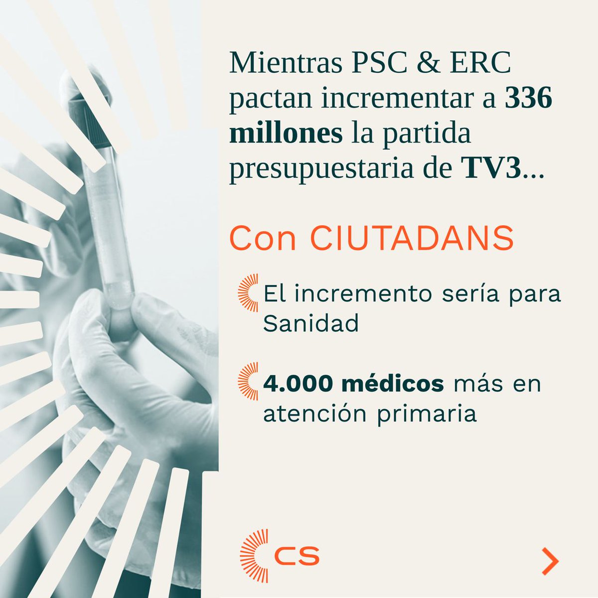 CiutadansCs's tweet photo. 🟠 No dejaremos de denunciar los nocivos presupuestos pactados entre ERC &amp; PSC

➡️ Mientras la atención primaria muere lentamente, el dinero público se destina a gastos superfluos de entes que hacen proselitismo de la hispanofobia

🟠 CS lo tiene claro, en el centro, el paciente. https://t.co/0colrKy7SD