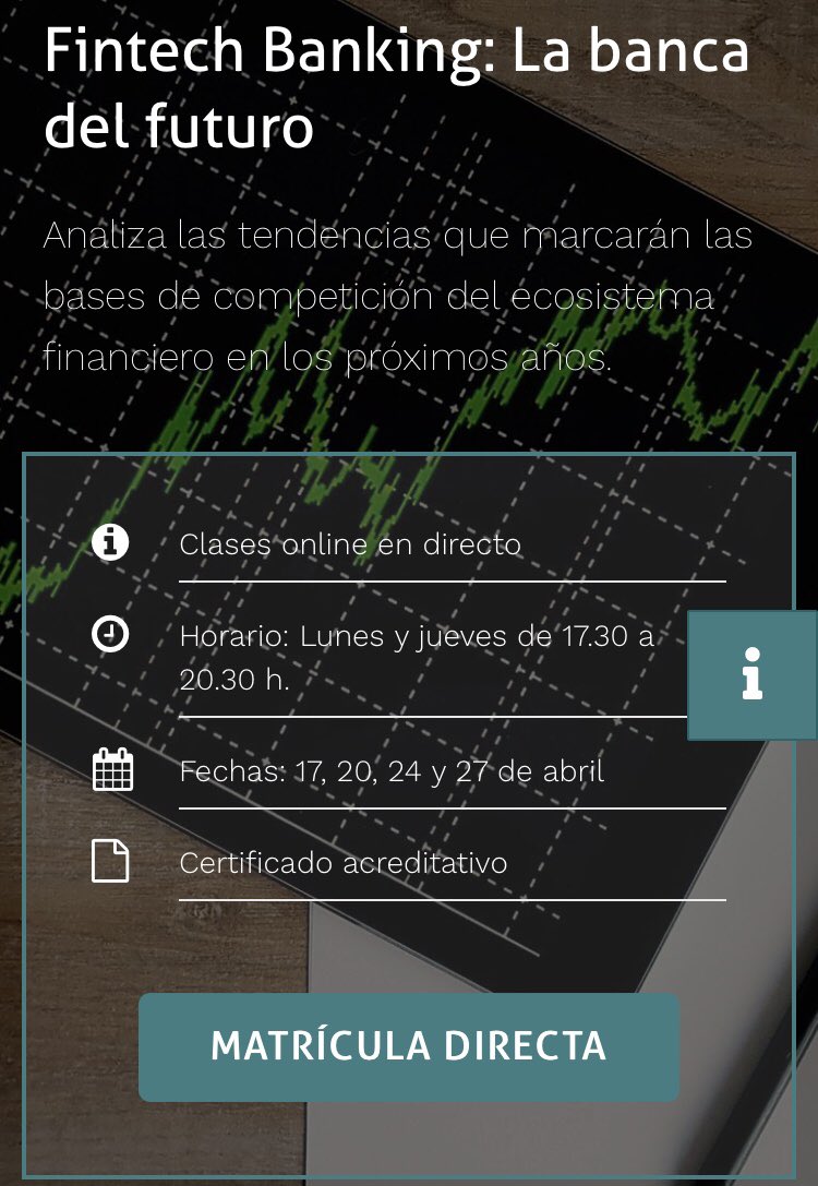 SpainFintech's tweet photo. En abril, 5a edición de “Fintech Banking: la banca del futuro”, programa online que impartimos con @formacion_fuc3 https://t.co/tja7aEqGEz #fintechnews #fintech https://t.co/KfshJQ2zAO