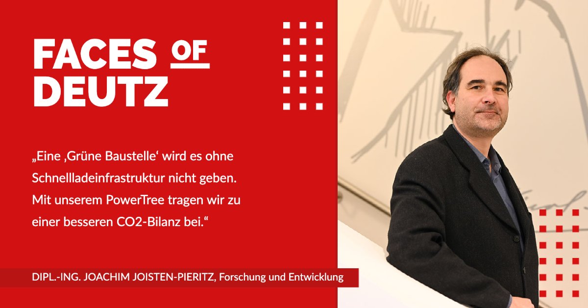 deutz_ag's tweet image. Fortschritt wagen! Gemeinsam mit seinen Kollegen treibt Joachim Joisten-Pieritz die Entwicklung innovativer Technologien voran – wie z.B. unseren #PowerTree. Mit der mobilen Schnellladestation von #eDEUTZ bringen wir den Strom zum Fahrzeug. #deutz #FacesOfDEUTZ
