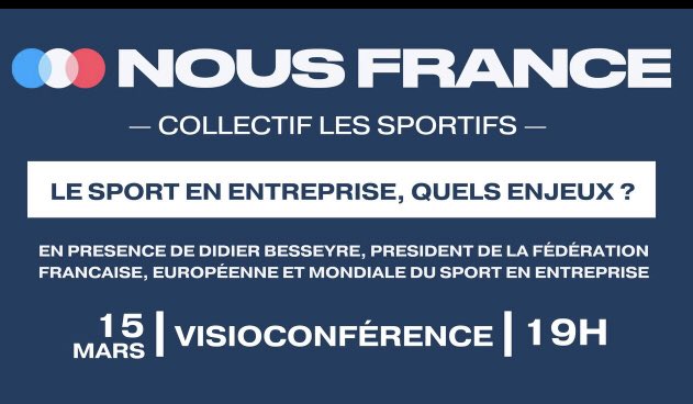 La valeur travail ne disparaît pas elle évolue, les français attachent plus d’importance au bien être dans l’entreprise 
Rdv le 15 mars avec Didier Besseyre le président de <a href="/ffsefrance/">Fédération Française du Sport Entreprise</a> 
<a href="/NousFrance_fr/">Nous France</a> <a href="/xavierbertrand/">Xavier Bertrand</a> <a href="/SportifsXB/">Nous France - Collectif des Sportifs</a> <a href="/NousFranceHDF/">Nous France HDF</a> <a href="/NousFrance02/">Nous France Aisne 02</a> <a href="/BDeflesselles/">Bernard Deflesselles</a>