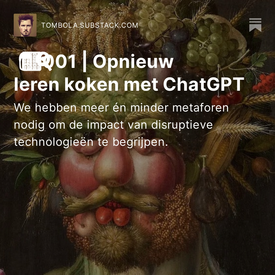 👨🏻‍🍳 We moeten opnieuw leren koken met ChatGPT

🧠 Metaforen helpen je om technologie te gebruiken en te begrijpen, maar tegelijkertijd sturen en versluieren ze (denk aan 'the cloud'). 

Ik ging daarom op zoek naar een metaforendieet voor ChatGPT (18 min ⏳)
tombola.substack.com/p/001-opnieuw-…
