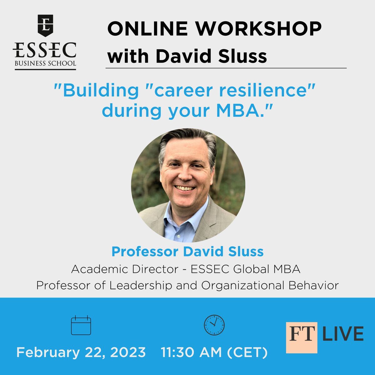 essec's tweet photo. 🎙 CONFERENCE | Join Prof. David Sluss for an online workshop about "Building 'career resilience' during your MBA" tomorrow on @ftlive!

▪ Don't miss it: https://t.co/0zvmqOVnfC https://t.co/MDSUoZW4kd