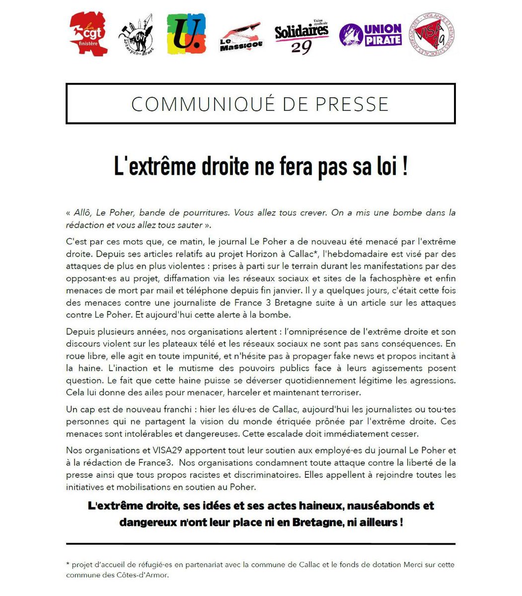 📢Face aux menaces de l’extrême droite dont ont été victimes le journal le Poher et la rédaction de <a href="/france3Bretagne/">France 3 Bretagne</a>. Nos organisations apportent tout leur soutien aux employé-es. L'escalade doit cesser !

Luttons contre la banalisation de l'extrême-droite en France.