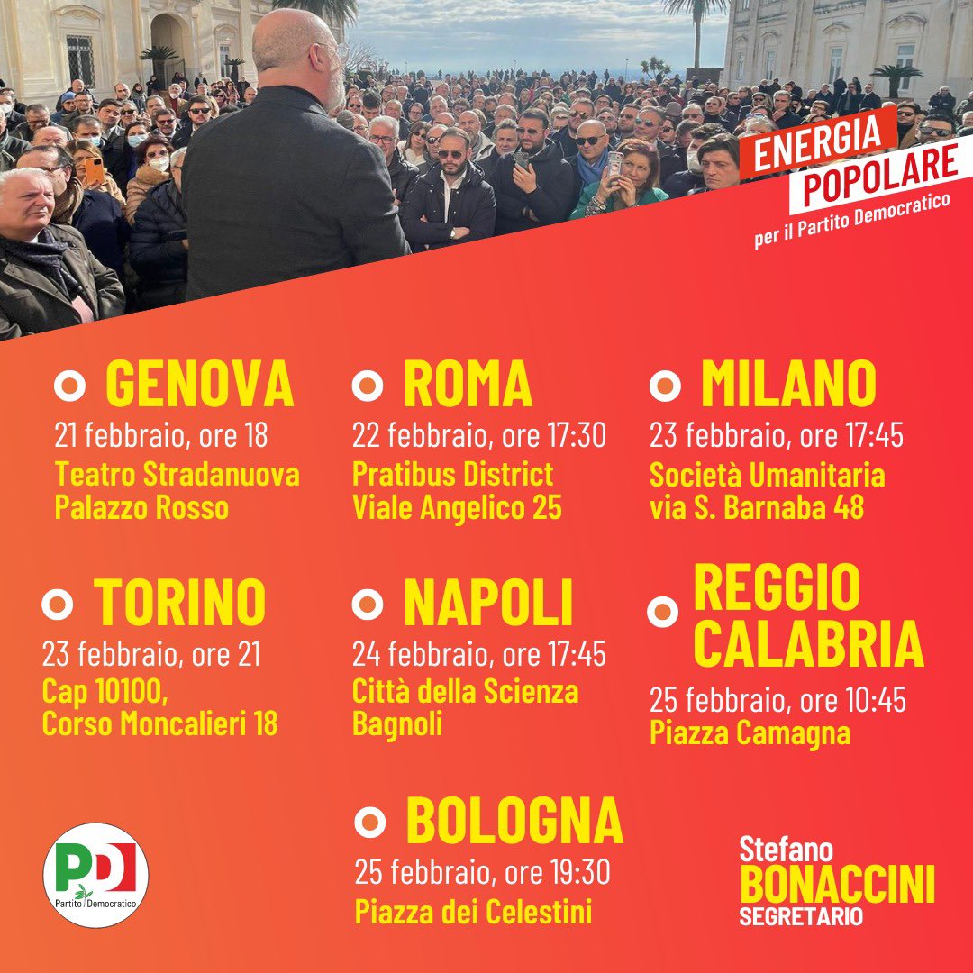 Le ultime tappe fino a domenica 26 febbraio, quando si terranno le primarie del PD: aperte a tutti i nostri elettori e non ai soli iscritti.

Per cambiare e costruire un nuovo PD. Torniamo a vincere, insieme.