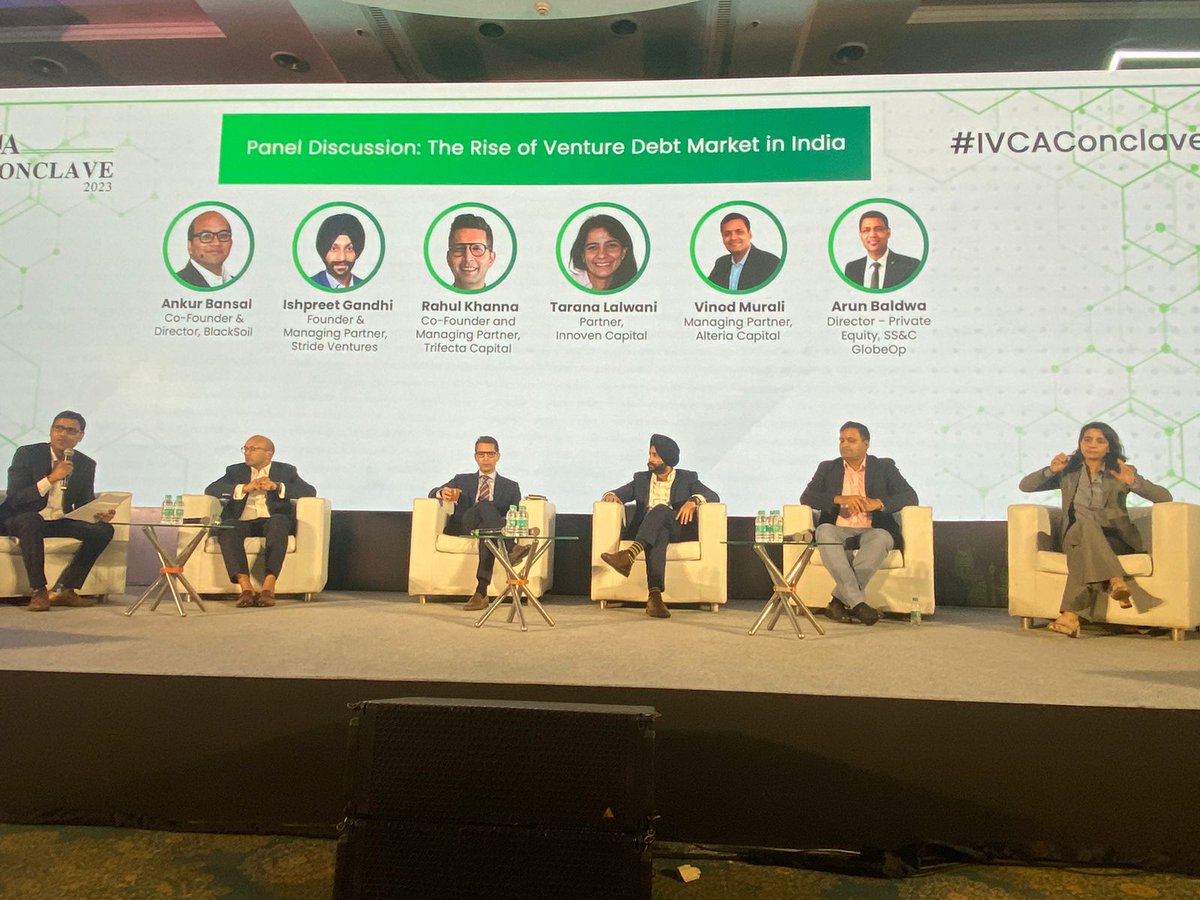 Happening now at the IVCAConclave! Ankur Bansal, Ishpreet Gandhi, Rahul Khanna,Tarana Lalwani, Vinod Murali, and Arun Baldwa, tackle the rise of the venture debt market in India.