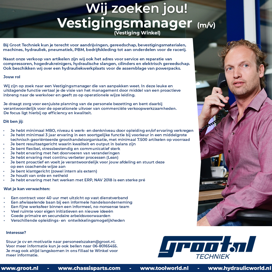 Groottechniek's tweet photo. Wij zoeken jou! Onze nieuwe Vestigingsmanager in Winkel die van aanpakken weet.

Kom snel op gesprek! Bekijk de volledige vacature op onze website: https://t.co/ZJVIb7NWuI
Mail je CV en sollicitatie naar personeelszaken@groot.nl.

#vacature #vestigingsmanager https://t.co/5Ca5BCREZT