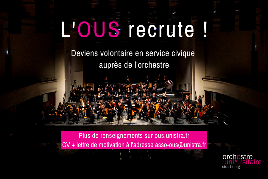 OUStrasbourg's tweet photo. [SERVICE CIVIQUE]

L'OUS a besoin de toi ! 🫵

Tu es motivé.e à t'investir dans un milieu associatif culturel ?
Deviens volontaire en service civique auprès de l'orchestre !

➡️ + d'infos sur https://t.co/KWi6cVZ6jk
📧 CV + lettre de motivation à l'adresse : asso-ous@unistra.fr https://t.co/Ez3LYOd6WM