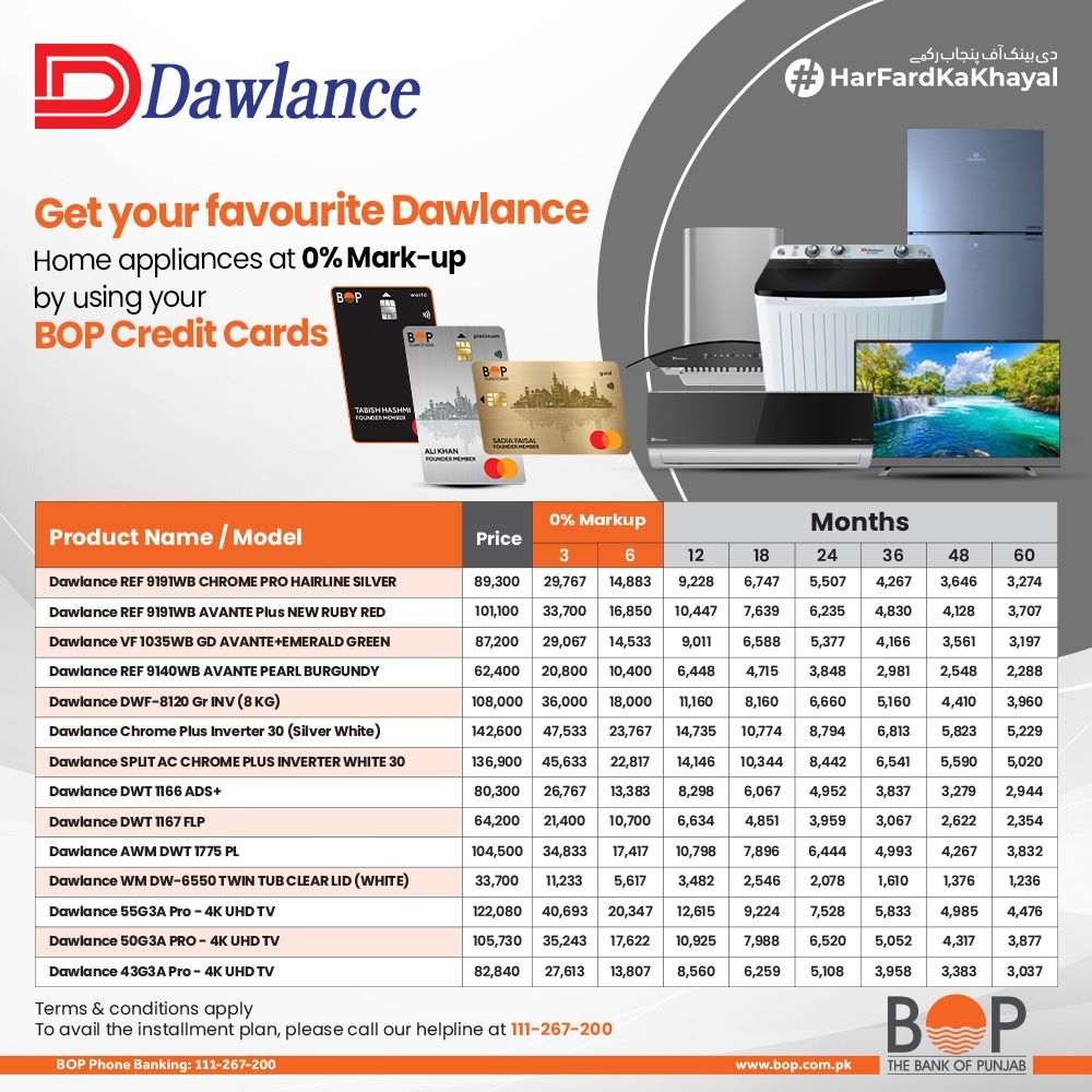 You can now get your favourite Dawlance appliances at 0% markup with BOP Credit Cards with a simple installment plan.

So, swipe now and upgrade your home appliances.

#TheBankOfPunjab #HarFardKaKhayal #BOPCards #BOPCreditCards #Installement
