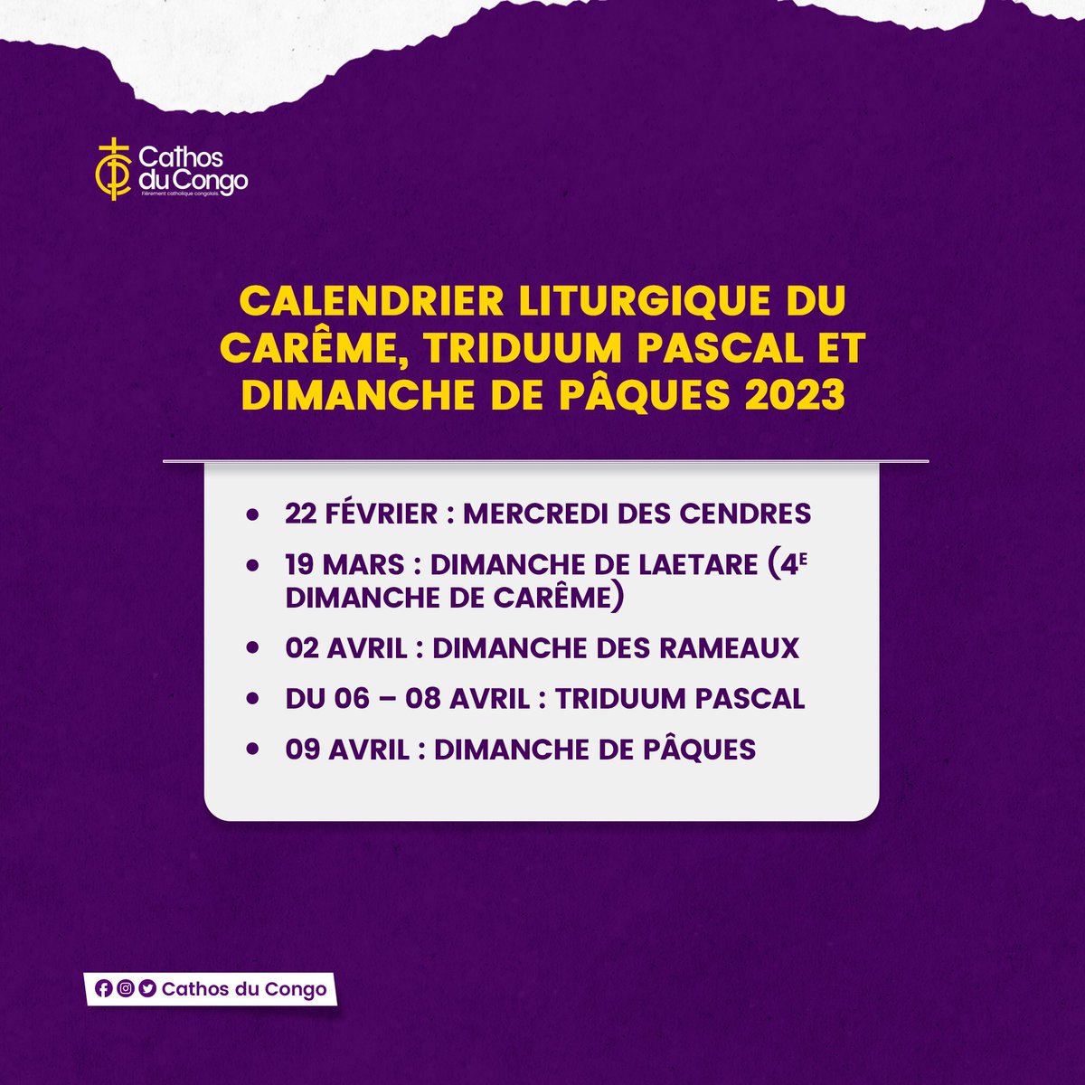 Cathosducongo's tweet photo. 𝗖𝗮𝗹𝗲𝗻𝗱𝗿𝗶𝗲𝗿 𝗟𝗶𝘁𝘂𝗿𝗴𝗶𝗾𝘂𝗲 𝗱𝘂 𝗖𝗮𝗿ê𝗺𝗲, 𝗧𝗿𝗶𝗱𝘂𝘂𝗺 𝗣𝗮𝘀𝗰𝗮𝗹 𝗲𝘁 𝗗𝗶𝗺𝗮𝗻𝗰𝗵𝗲 𝗱𝗲 𝗣â𝗾𝘂𝗲𝘀 𝟮𝟬𝟮𝟯
 
- Jj-1 

Bonne Entrée en Carême!

#cathosducongo #CDC  #CatholicTwitter #Carême #mercredidescendes #carême2023 #calendrierdecarême https://t.co/lgoR31vDYH