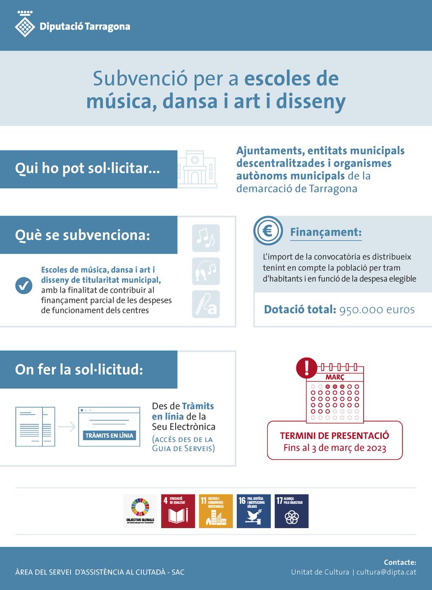 Dipta_cat's tweet photo. #GuiaServeisDipta 🟢 Oberta la convocatòria d'ajuts per a #escoles municipals de música, dansa o arts plàstiques i disseny de la demarcació de Tarragona
🗓️Si sou un #enslocal podeu sol·licitar els ajuts fins al proper 3 de març
👉https://t.co/TJoRF2UlsM
#DiptaSuma #MésCultura https://t.co/u9hoVRdi10