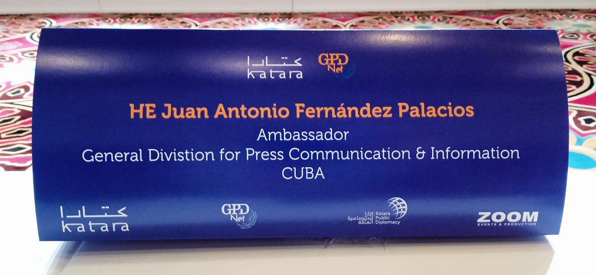 EmbaCuba_Qatar's tweet photo. The 8th General Assembly of the Global Public Diplomacy Network @gpdnetorg began in #Qatar.

#Cuba renews its membership with the  General Division of Press, Communication and Image of @CubaMINREX, whose Director General @JuantonioFdez was welcomed. https://t.co/ZSkdCNDkfo
