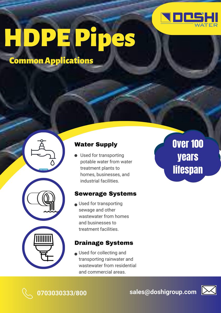HDPE Pipes are strong, durable and flexible making them suitable for a wide range of applications. Doshi manufactures and distributes eco-friendly High Density Polyethylene (HDPE) Pipes throughout East &amp; Central Africa providing the largest diameter (800 mm) pipes in the region.