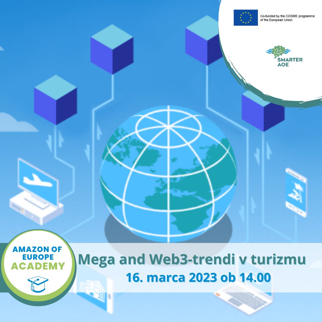 ⏰Kmalu se bo začela  izvajati Smarter AOE brezplačna akademija o digitalizaciji v turizmu.👥Pridružite se nam na prvi brezplačni delavnici ˝Mega in Web3-trendi v turizmu˝, ki bo 16. marca 2023 ob 14.00 uri, preko platforme Zoom💻.: Prijave👉: us02web.zoom.us/j/85723306987