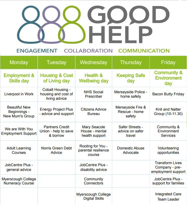 The <a href="/GoodHelpHub/">Good Help Croxteth</a> is running a number of events and activities at our customer reception on Lower House Lane from 9am-5pm, Monday-Friday!

Take a look at the timetable below to see what's on ⬇️