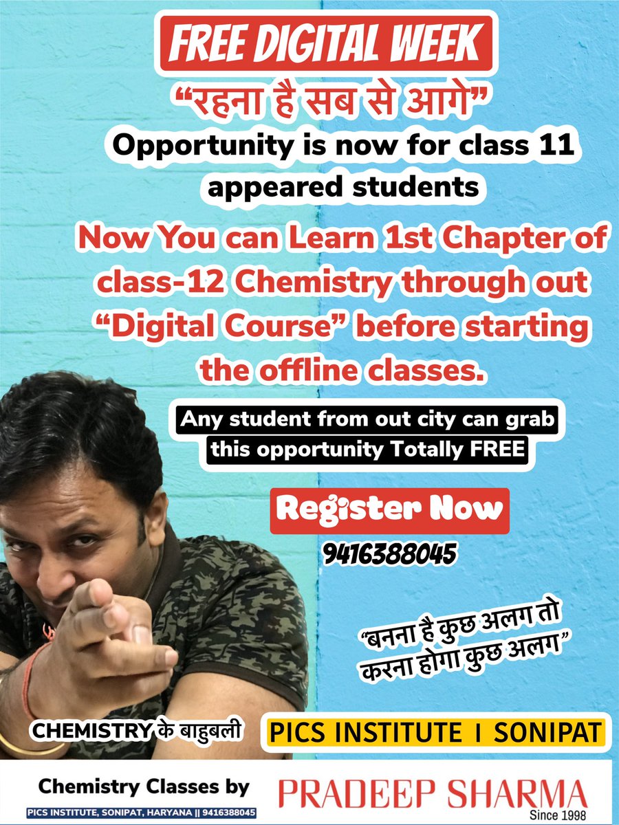 AipmtJee's tweet photo. ✅ Now class 12 moving students can utilise their time by Learning 1st Chapter of class-12 chemistry before starting OFFLINE CLASSES ( NEET , JEE ) , FREE of coast through our “DIGITAL COURSE”.
#Chemistry #class11students #class12students #NEET #JEE #Pradeepsharma #Sonipat https://t.co/xvRQdEaklB