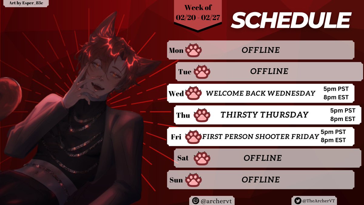 TheArcherVT's tweet photo. 💋Schedule💋
~I am back to play cuties~
❣️"Man have I got some stories for you..."❣️
🖌️Fanart: #ARTcher
🔞NSFW: #Archerussy
🎮#Vtuber #ENVtuber #VtuberUprsing https://t.co/J13tWCAfuy
